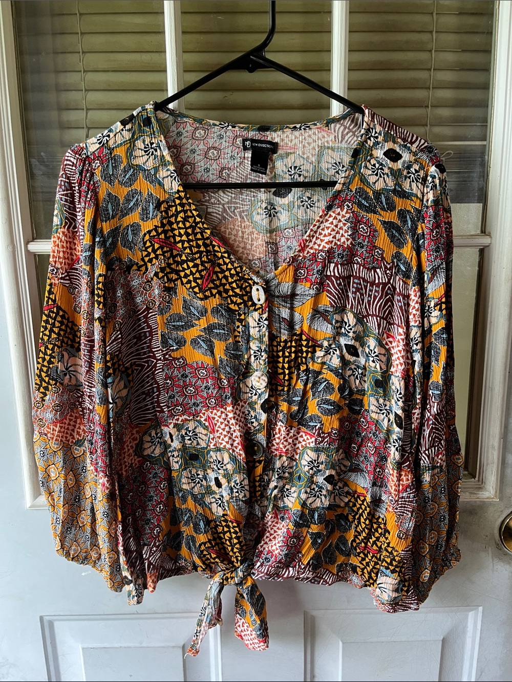 new directions Multicolor Patchwork V-Neck Button Tie Blouse, variety buttons